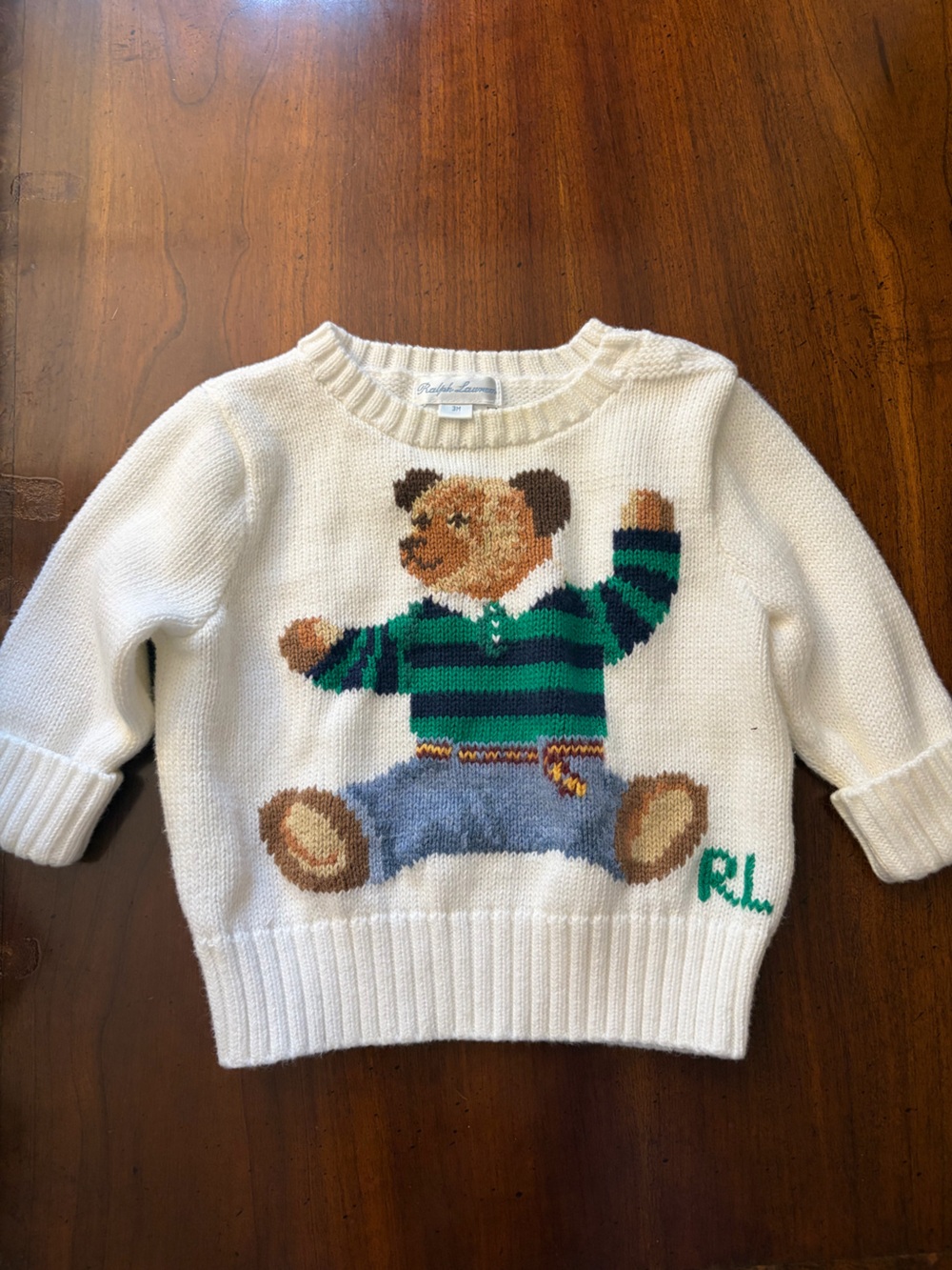 Ralph Lauren Cream Sweater with Striped Teddy Bear